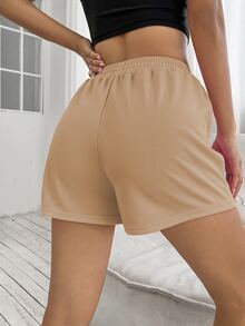 SHEIN Unity Drawstring Waist Slogan Graphic Track Shorts - Khaki - View 2