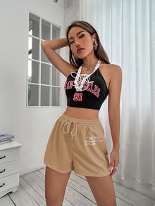 SHEIN Unity Drawstring Waist Slogan Graphic Track Shorts - Khaki - View 3