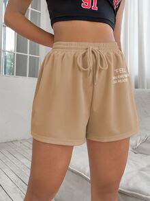 SHEIN Unity Drawstring Waist Slogan Graphic Track Shorts - Khaki - View 4