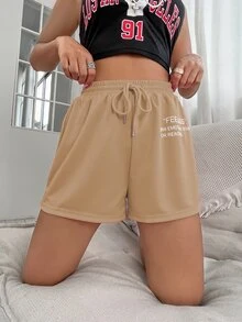 SHEIN Unity Drawstring Waist Slogan Graphic Track Shorts - Khaki - View 5