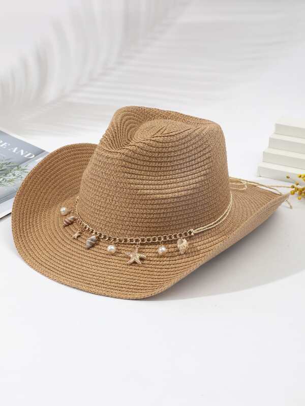 Starfish & Faux Pearl Decor Straw Cowboy Hat SHEIN USA