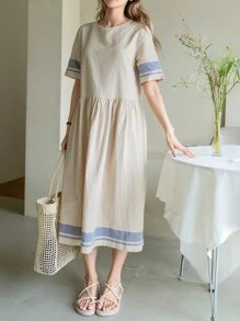 DAZY 撞色拼接锁孔背心裙 - 杏色 - 查看 3