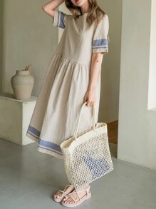 DAZY 撞色拼接锁孔背心裙 - 杏色 - 查看 6