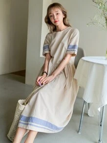 DAZY 撞色拼接锁孔背心裙 - 杏色 - 查看 8