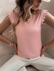 Camiseta panel con encaje - Rosa coral - Ver 3