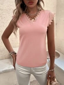 Camiseta panel con encaje - Rosa coral - Ver 5