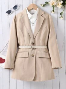 Girls 1pc Fake Pocket Coat & Belt - Khaki - View 1