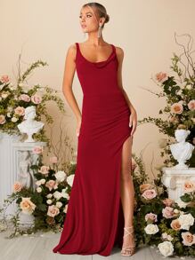 SHEIN Belle 1 pièce Robe de demoiselle d'honneur bourgogne rouge drapée avec croisement dans le dos, fente à la cuisse