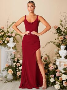 SHEIN Belle 1 pièce Robe de demoiselle d'honneur bourgogne rouge drapée avec croisement dans le dos, fente à la cuisse