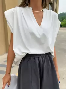 DAZY Notched Neckline Shoulder Pad Tee - White - View 1