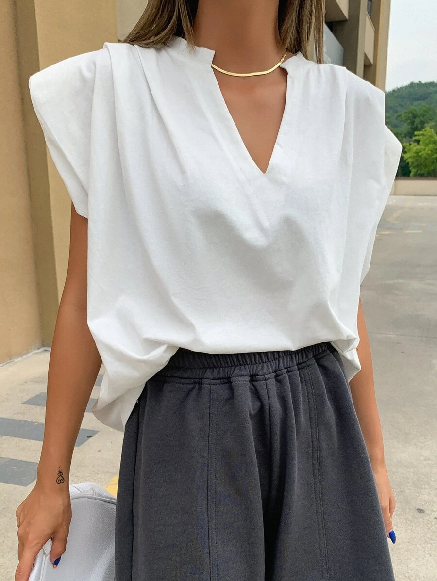 DAZY Notched Neckline Shoulder Pad Tee - White - View 1
