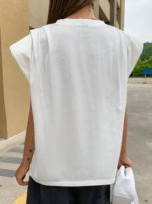 DAZY Notched Neckline Shoulder Pad Tee - White - View 2