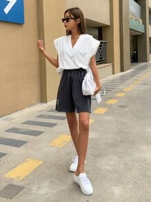 DAZY Notched Neckline Shoulder Pad Tee - White - View 3