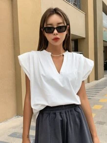 DAZY Notched Neckline Shoulder Pad Tee - White - View 6