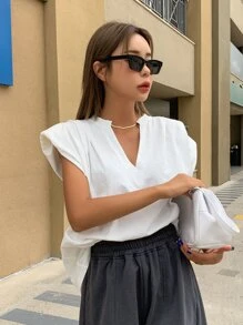 DAZY Notched Neckline Shoulder Pad Tee - White - View 7