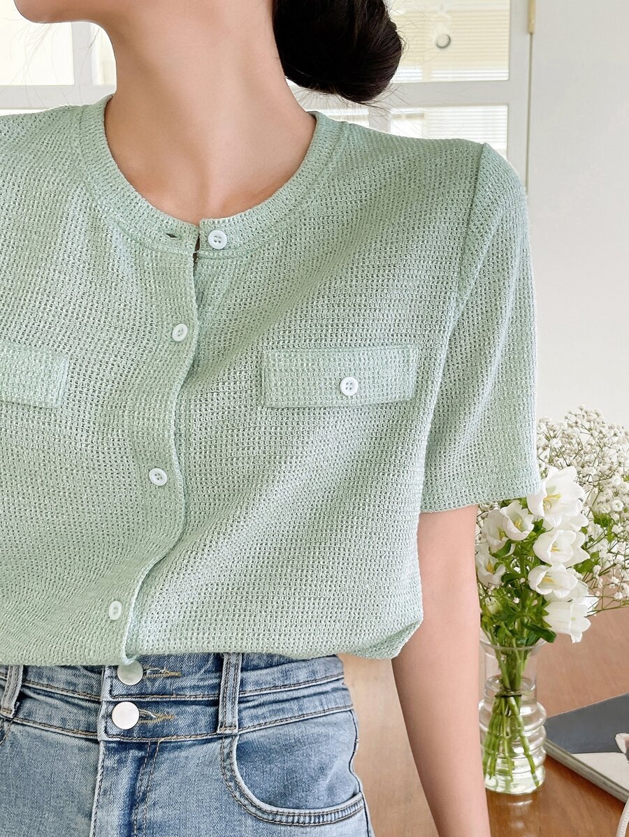 DAZY Button Front Flap Detail Tee - Mint Green - View 1