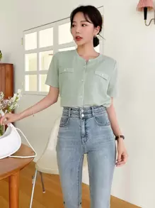 DAZY Button Front Flap Detail Tee - Mint Green - View 3