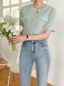 DAZY Button Front Flap Detail Tee - Mint Green - View 4