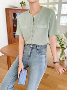 DAZY Button Front Flap Detail Tee - Mint Green - View 6