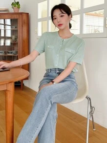 DAZY Button Front Flap Detail Tee - Mint Green - View 7