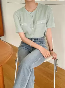 DAZY Button Front Flap Detail Tee - Mint Green - View 8