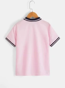 SHEIN Tween Boys' Striped Pattern Polo Shirt With Color Blocking Short Sleeves For Casual Daily Wear In Summer - Baby Pink - View 2
