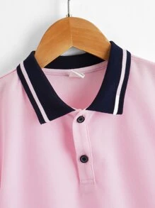 SHEIN Tween Boys' Striped Pattern Polo Shirt With Color Blocking Short Sleeves For Casual Daily Wear In Summer - Baby Pink - View 3