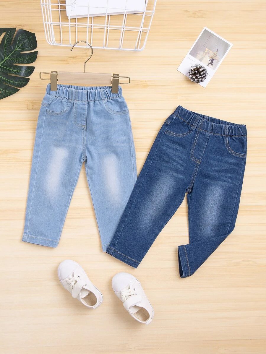 女婴 2 件套松紧腰锥形牛仔裤 - 藍色 - 查看 1