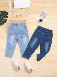 女婴 2 件套松紧腰锥形牛仔裤 - 藍色 - 查看 2