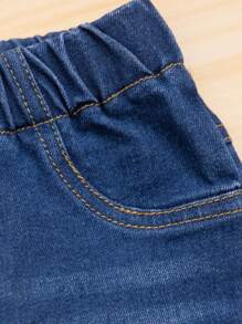 女婴 2 件套松紧腰锥形牛仔裤 - 藍色 - 查看 5