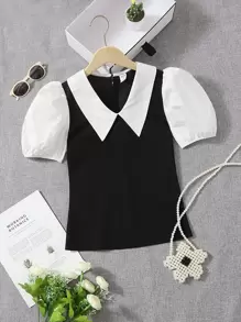 SHEIN Áo cánh Gái Tương phản ren Khối Màu Sẵn sàng - Đen và trắng - Xem 1