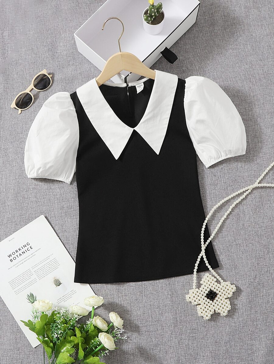 SHEIN Áo cánh Gái Tương phản ren Khối Màu Sẵn sàng - Đen và trắng - Xem 1