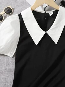 SHEIN Áo cánh Gái Tương phản ren Khối Màu Sẵn sàng - Đen và trắng - Xem 4