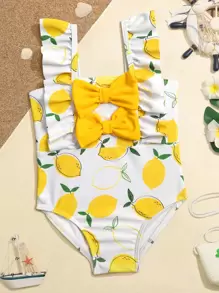 SHEIN Baby Girl Lemon Print Bow Front Ruffle Trim One Piece Swimsuit - White - View 1