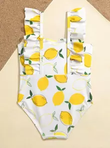 SHEIN Baby Girl Lemon Print Bow Front Ruffle Trim One Piece Swimsuit - White - View 2