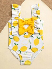 SHEIN Baby Girl Lemon Print Bow Front Ruffle Trim One Piece Swimsuit - White - View 3
