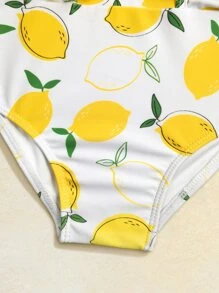 SHEIN Baby Girl Lemon Print Bow Front Ruffle Trim One Piece Swimsuit - White - View 4