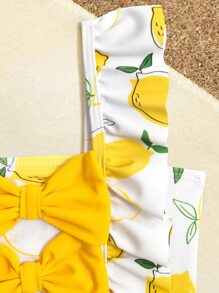 SHEIN Baby Girl Lemon Print Bow Front Ruffle Trim One Piece Swimsuit - White - View 5