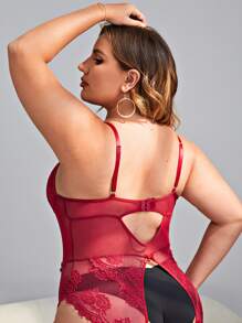 Plus Eyelash Lace Panel Cut Out Crotchless Teddy Bodysuit Without Liner - Burgundy - View 2