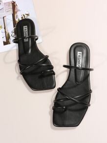 Dép xỏ ngón quai mảnh chéo cho nữ, dép đế bằng hở ngón thời trang, màu trơn, thích hợp cho trang phục mùa xuân hè. - màu đen - Xem 5