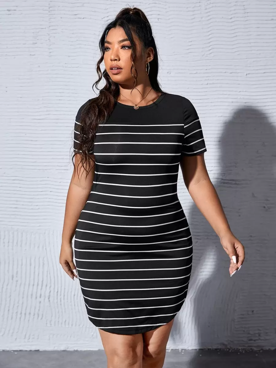 SHEIN EZwear 夏季加大条纹弧形下摆连衣裙 - 黑色 - 查看 1