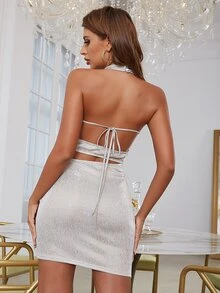 D&M Cut Out Tie Backless Metallic Halter Bodycon Dress - Beige - View 2