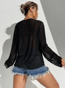 SHEIN Privé Lettuce Trim Sheer Top Without Bra - Black - View 2