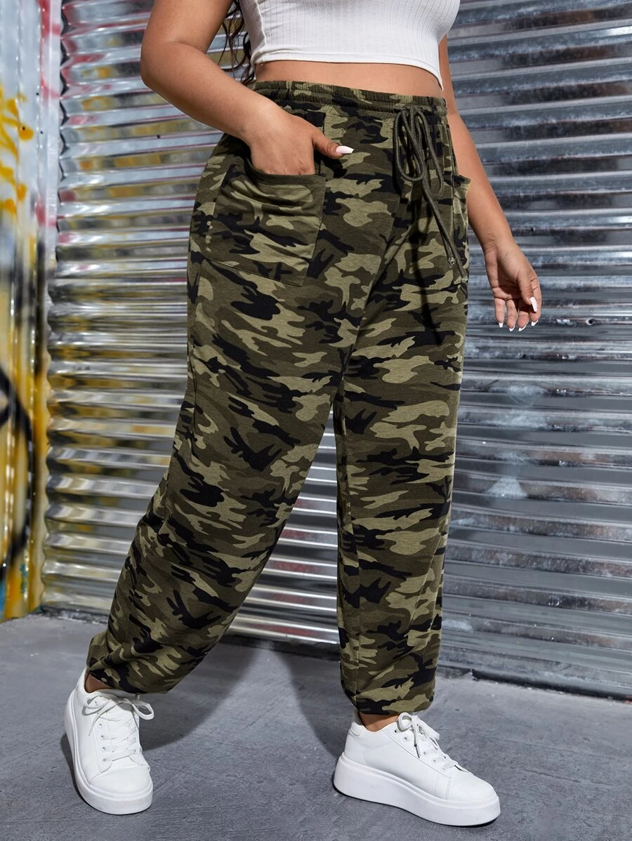 SHEIN EZwear 大碼迷彩印花腰部抽繩衛褲 - 彩色 - 查看 1