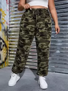 SHEIN EZwear 大碼迷彩印花腰部抽繩衛褲 - 彩色 - 查看 3