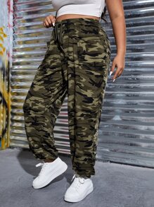 SHEIN EZwear 大碼迷彩印花腰部抽繩衛褲 - 彩色 - 查看 4