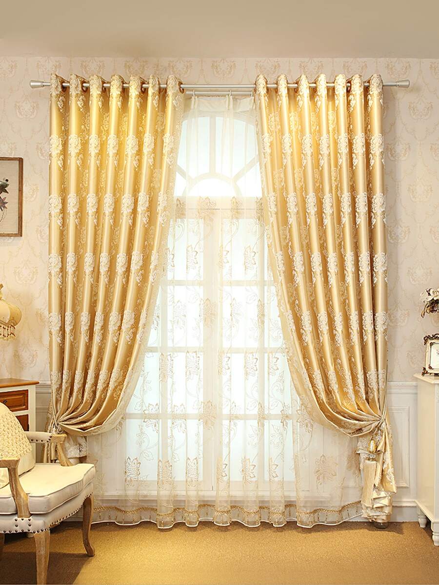 Cortina una sola pieza con patrón de flor - Dorado - Ver 1