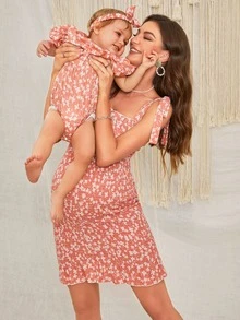 DEARCASE Maternity 1pc Ditsy Floral Print Shirred Ruffle Hem Cami Dress - Multicolor - View 3