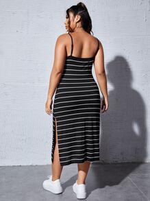 SHEIN Essnce Vestido de tirantes de rayas de muslo con abertura - Blanco y Negro - Ver 2