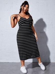 SHEIN Essnce Vestido de tirantes de rayas de muslo con abertura - Blanco y Negro - Ver 3